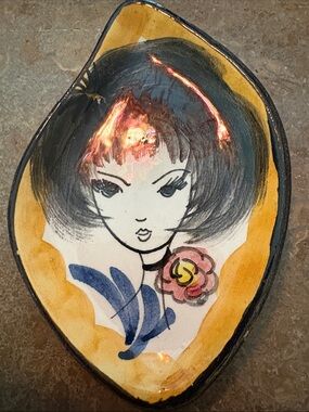 Italian Hand-Painted Decorative Ceramic Dish with Portrait and Floral Motif.